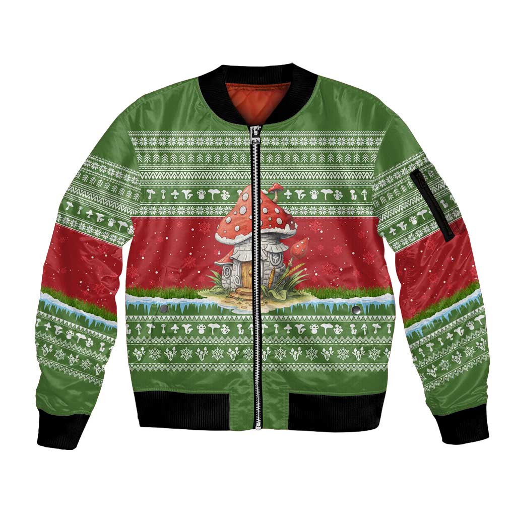 Christmas Mushroom House Sleeve Zip Bomber Jacket Xmas Holiday Patterns - Wonder Print Shop