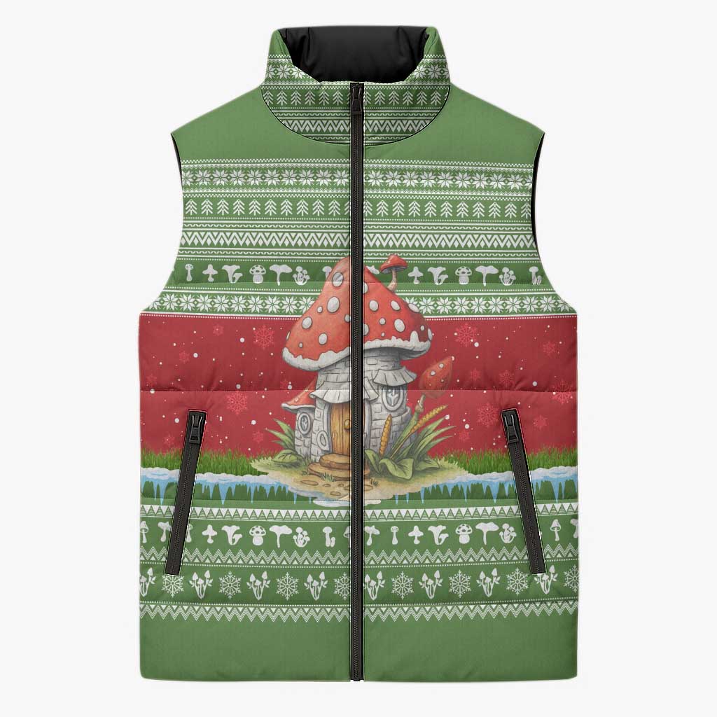 Christmas Mushroom House Sleeveless Puffer Jacket Xmas Holiday Patterns - Wonder Print Shop