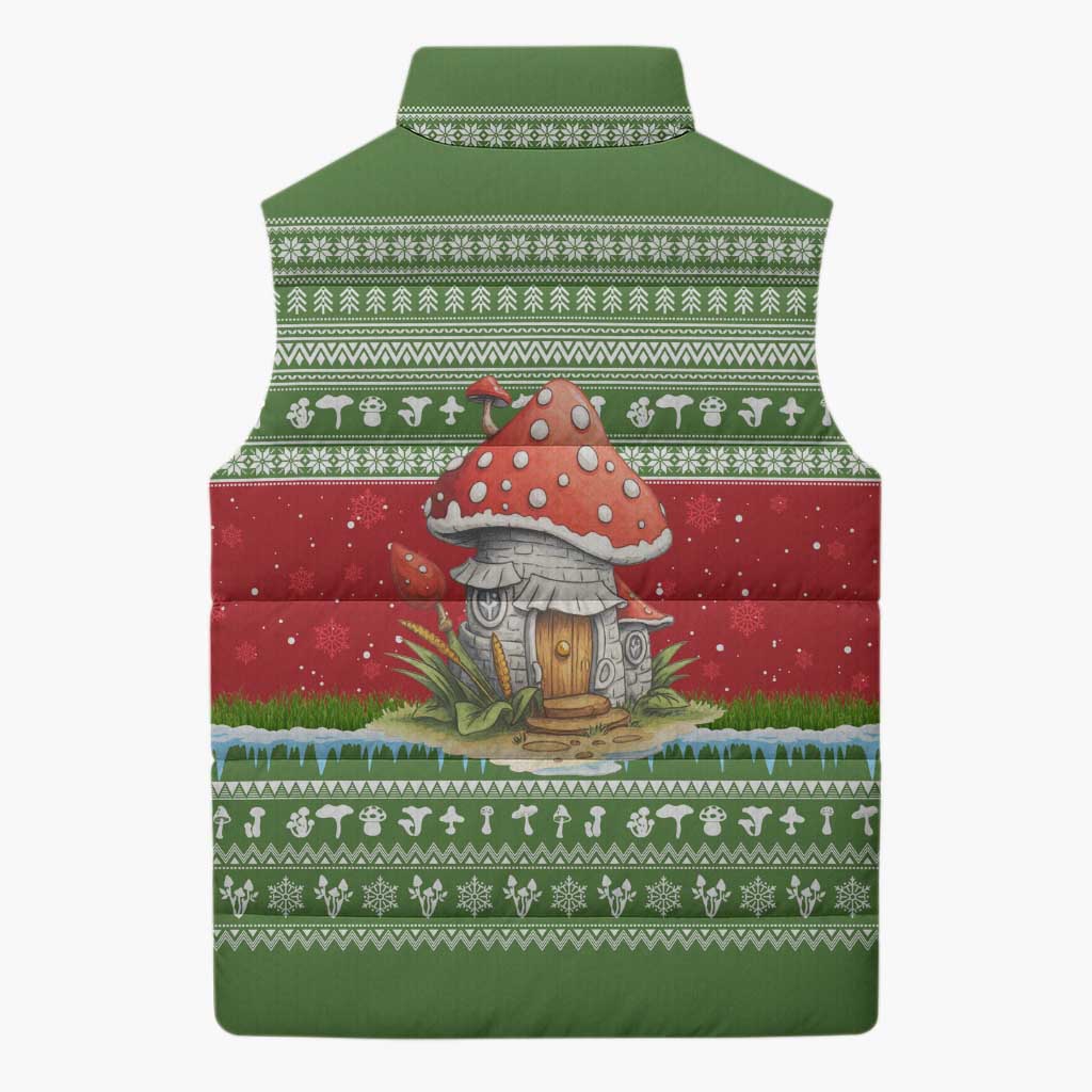Christmas Mushroom House Sleeveless Puffer Jacket Xmas Holiday Patterns - Wonder Print Shop