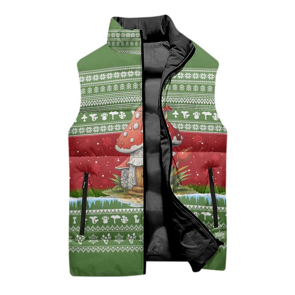 Christmas Mushroom House Sleeveless Puffer Jacket Xmas Holiday Patterns - Wonder Print Shop