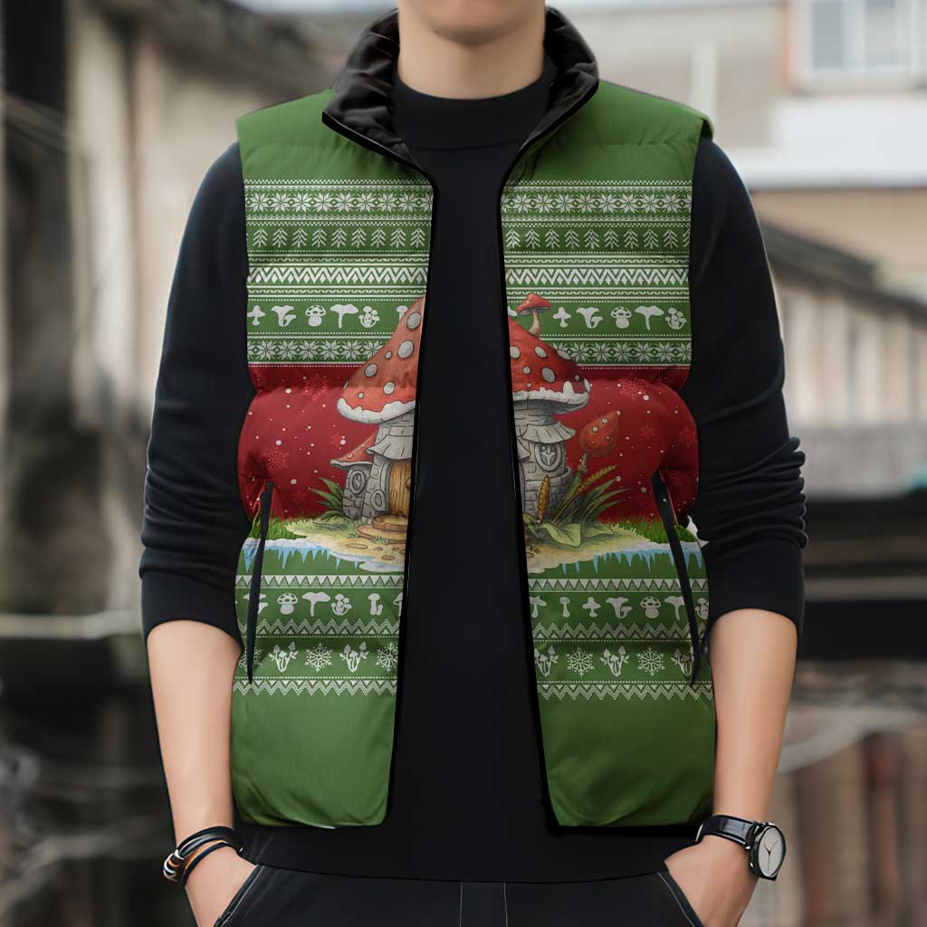 Christmas Mushroom House Sleeveless Puffer Jacket Xmas Holiday Patterns - Wonder Print Shop