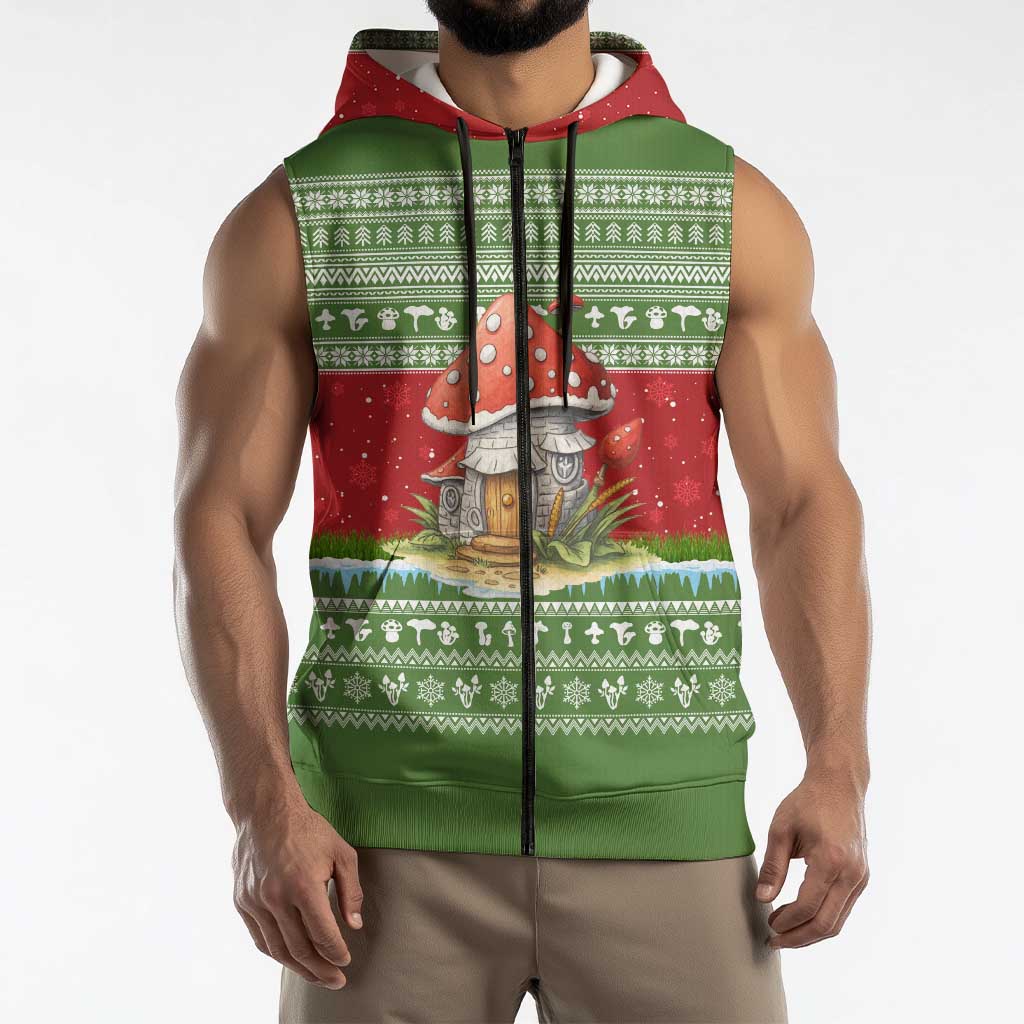 Christmas Mushroom House Sleeveless Zip Hoodie Xmas Holiday Patterns - Wonder Print Shop