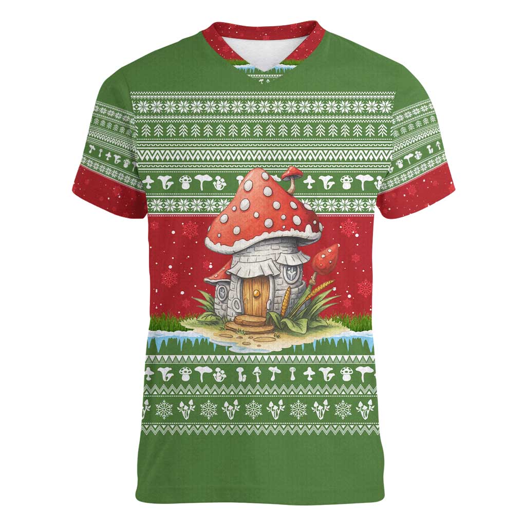 Christmas Mushroom House Women V-Neck T-Shirt Xmas Holiday Patterns - Wonder Print Shop
