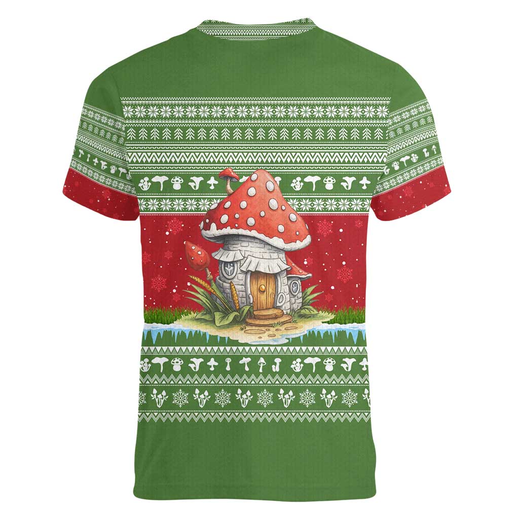 Christmas Mushroom House Women V-Neck T-Shirt Xmas Holiday Patterns - Wonder Print Shop
