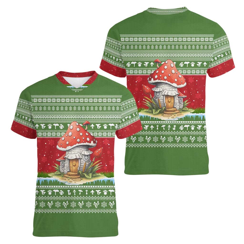 Christmas Mushroom House Women V-Neck T-Shirt Xmas Holiday Patterns - Wonder Print Shop