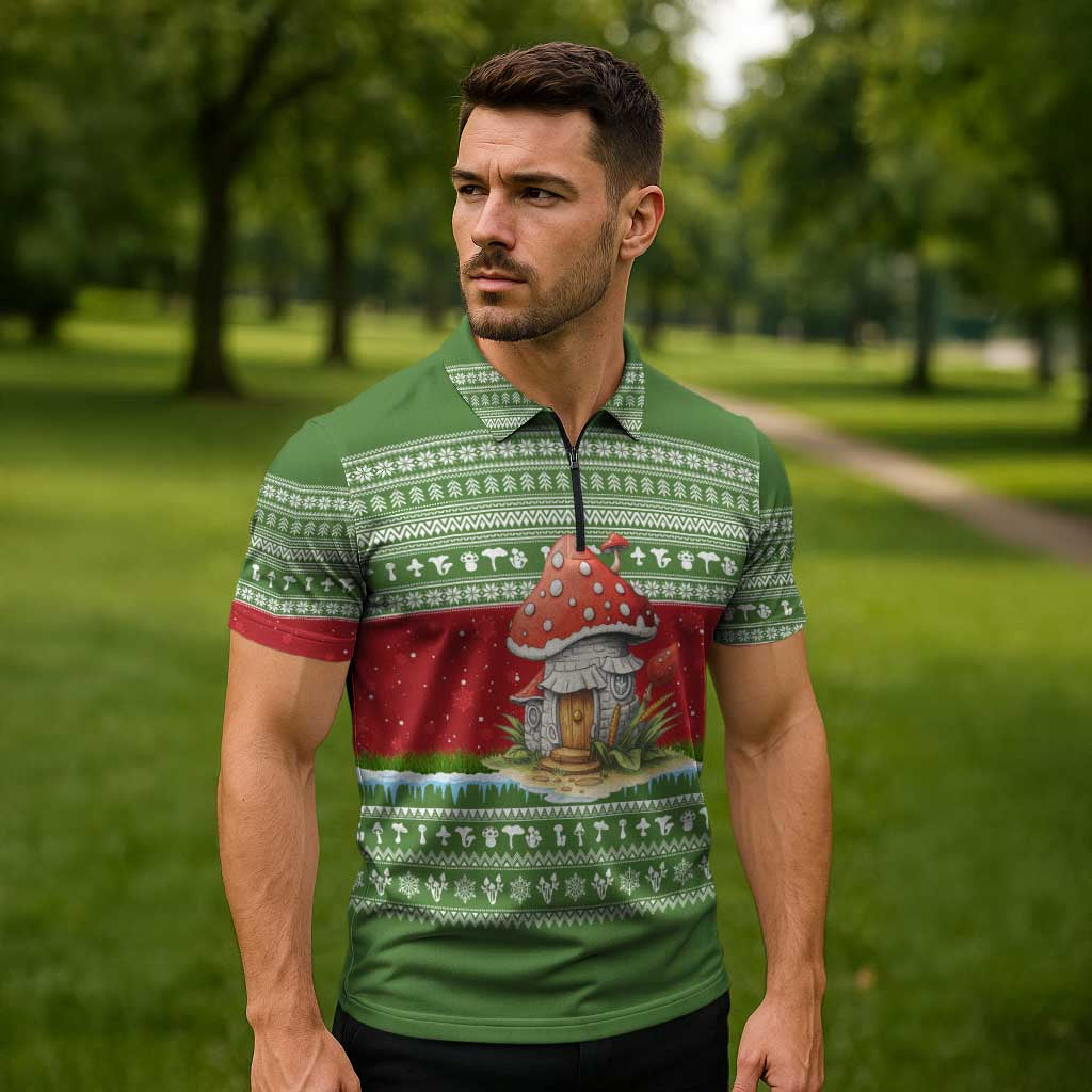 Christmas Mushroom House Zipper Polo Shirt Xmas Holiday Patterns - Wonder Print Shop