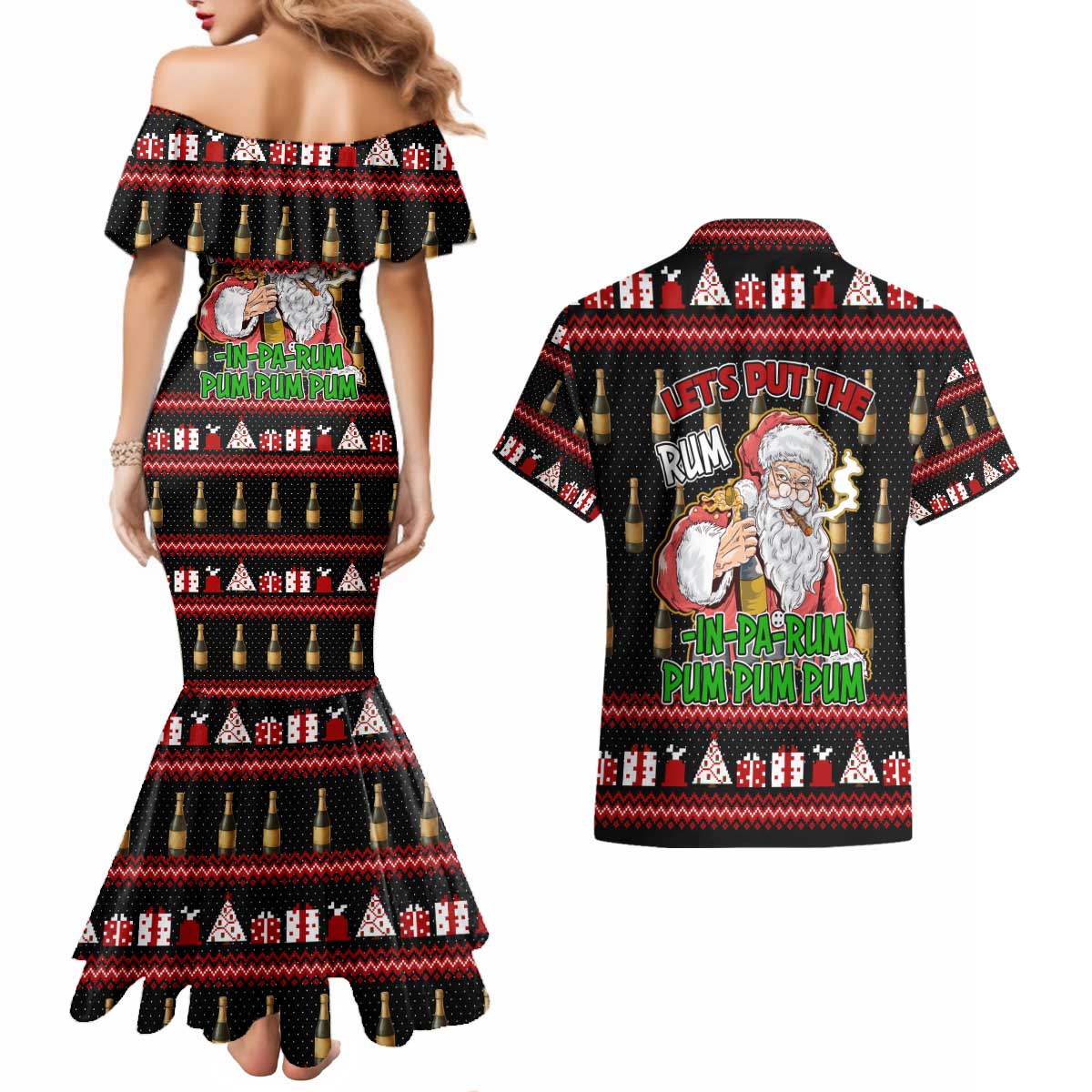 Santa Claus Christmas Couples Matching Mermaid Dress and Hawaiian Shirt Xmas Holiday Patterns - Wonder Print Shop