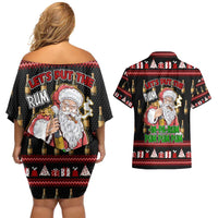 Santa Claus Christmas Couples Matching Off Shoulder Short Dress and Hawaiian Shirt Xmas Holiday Patterns - Wonder Print Shop