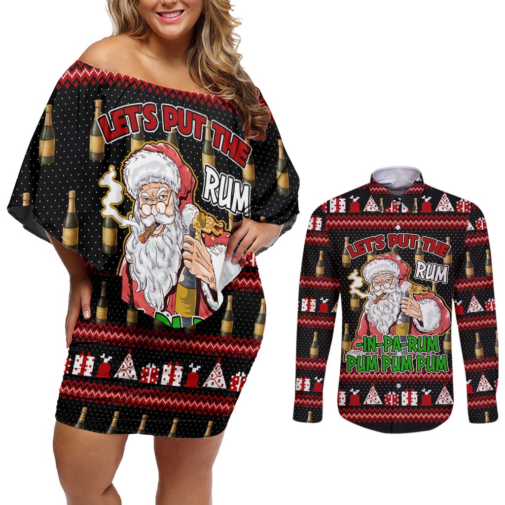 Santa Claus Christmas Couples Matching Off Shoulder Short Dress and Long Sleeve Button Shirt Xmas Holiday Patterns - Wonder Print Shop