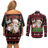Santa Claus Christmas Couples Matching Off Shoulder Short Dress and Long Sleeve Button Shirt Xmas Holiday Patterns - Wonder Print Shop