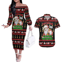 Santa Claus Christmas Couples Matching Off The Shoulder Long Sleeve Dress and Hawaiian Shirt Xmas Holiday Patterns - Wonder Print Shop