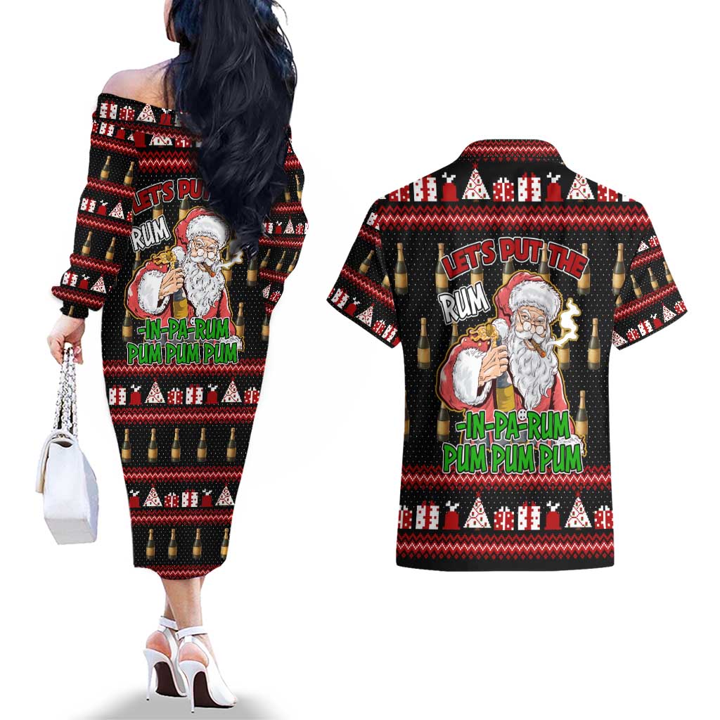 Santa Claus Christmas Couples Matching Off The Shoulder Long Sleeve Dress and Hawaiian Shirt Xmas Holiday Patterns - Wonder Print Shop