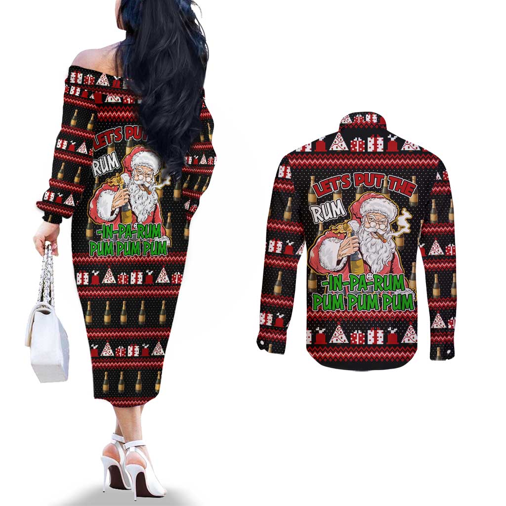 Santa Claus Christmas Couples Matching Off The Shoulder Long Sleeve Dress and Long Sleeve Button Shirt Xmas Holiday Patterns - Wonder Print Shop