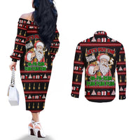 Santa Claus Christmas Couples Matching Off The Shoulder Long Sleeve Dress and Long Sleeve Button Shirt Xmas Holiday Patterns - Wonder Print Shop