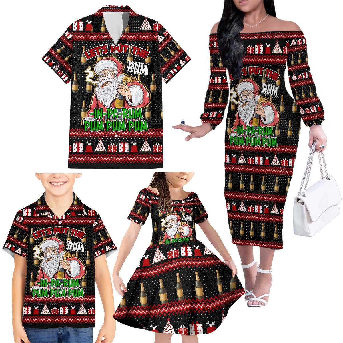 Santa Claus Christmas Family Matching Off The Shoulder Long Sleeve Dress and Hawaiian Shirt Xmas Holiday Patterns - Wonder Print Shop