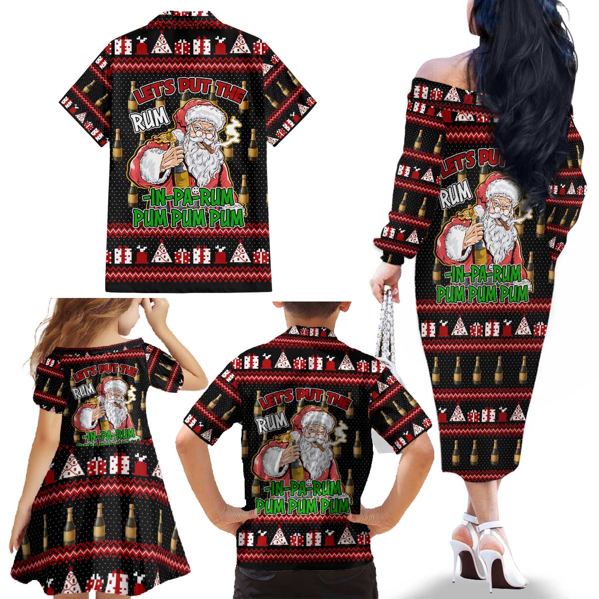 Santa Claus Christmas Family Matching Off The Shoulder Long Sleeve Dress and Hawaiian Shirt Xmas Holiday Patterns - Wonder Print Shop