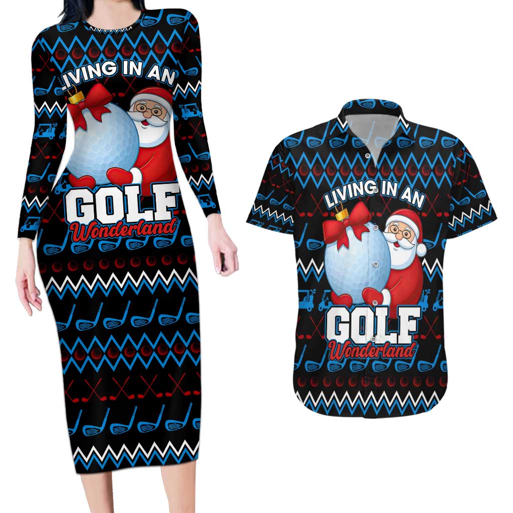 Santa Clause Golf Wonderland Christmas Couples Matching Long Sleeve Bodycon Dress and Hawaiian Shirt Xmas Holiday Patterns - Wonder Print Shop