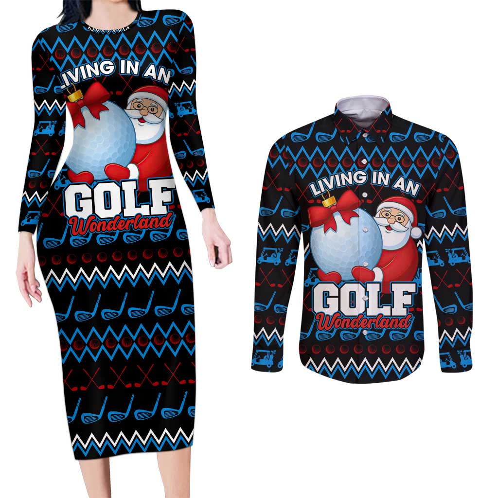 Santa Clause Golf Wonderland Christmas Couples Matching Long Sleeve Bodycon Dress and Long Sleeve Button Shirt Xmas Holiday Patterns - Wonder Print Shop