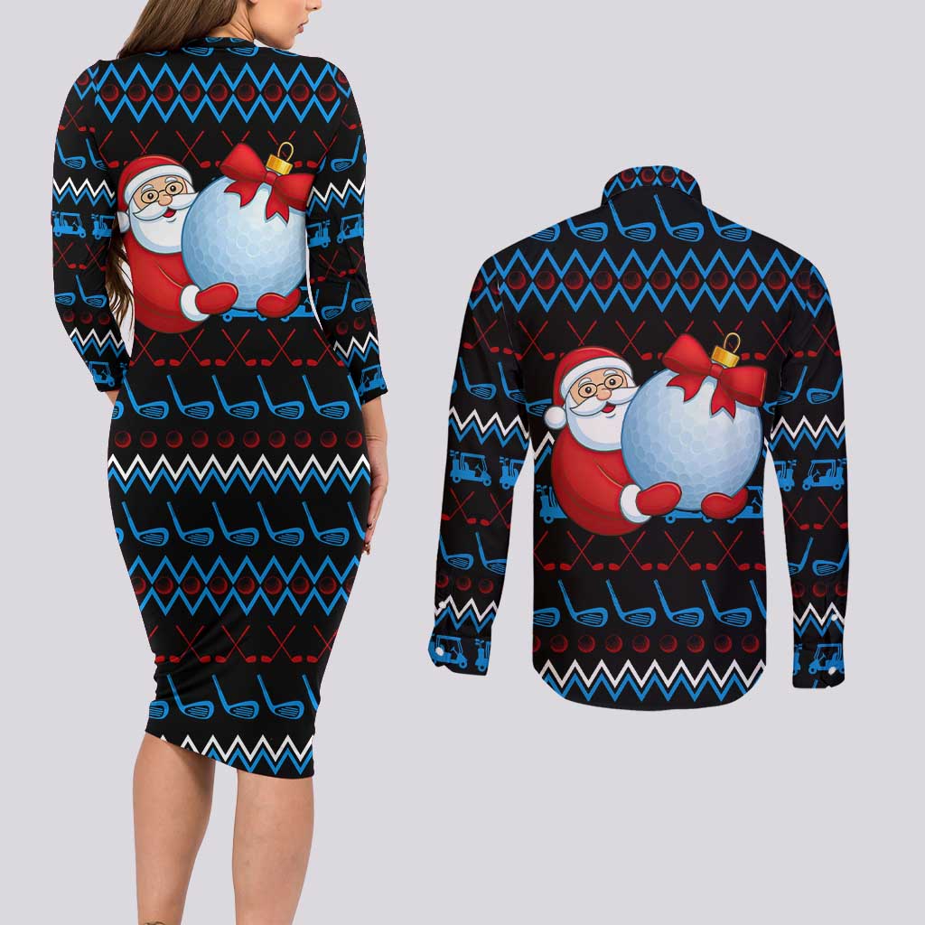 Santa Clause Golf Wonderland Christmas Couples Matching Long Sleeve Bodycon Dress and Long Sleeve Button Shirt Xmas Holiday Patterns - Wonder Print Shop