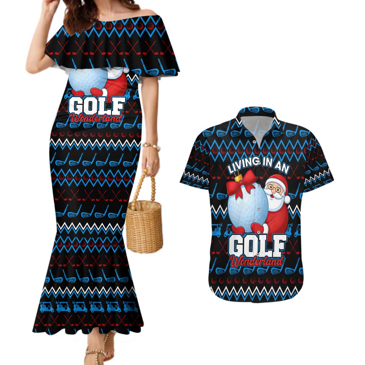 Santa Clause Golf Wonderland Christmas Couples Matching Mermaid Dress and Hawaiian Shirt Xmas Holiday Patterns - Wonder Print Shop