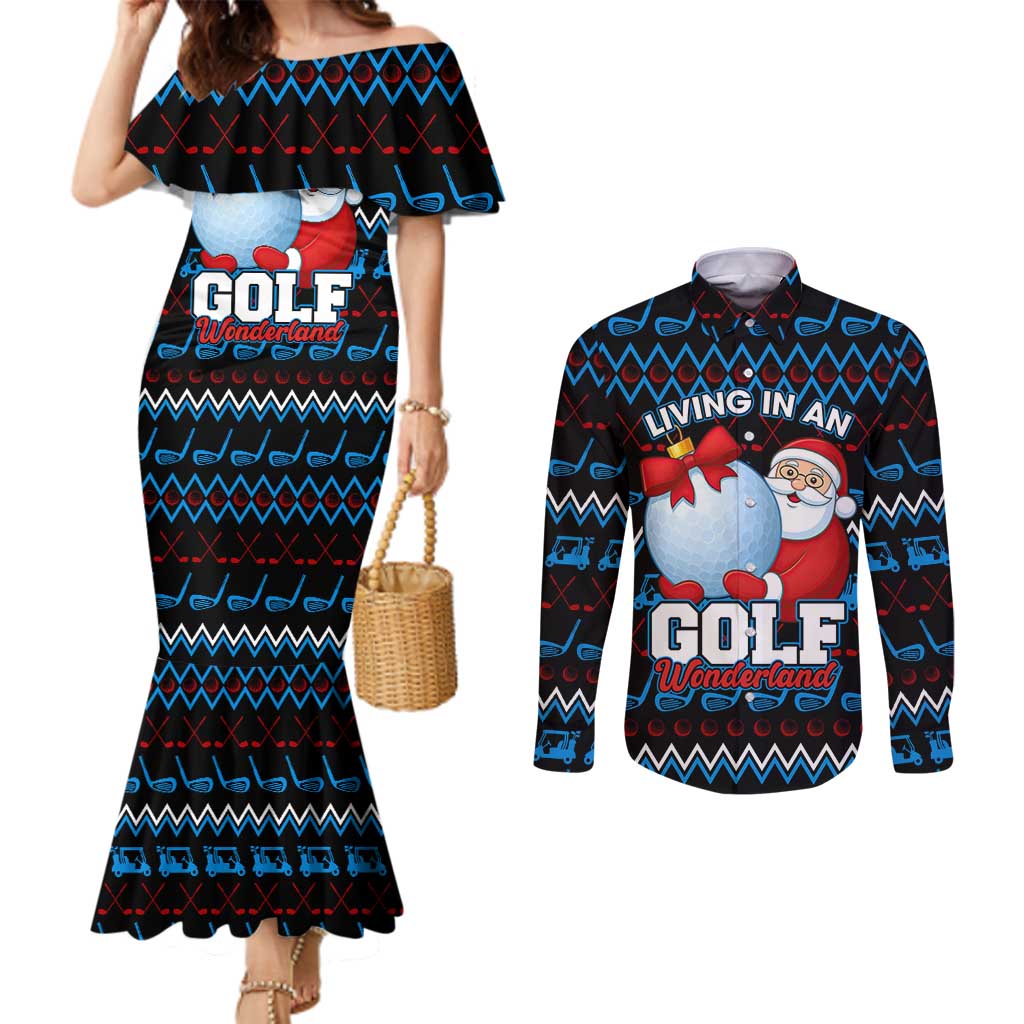 Santa Clause Golf Wonderland Christmas Couples Matching Mermaid Dress and Long Sleeve Button Shirt Xmas Holiday Patterns - Wonder Print Shop