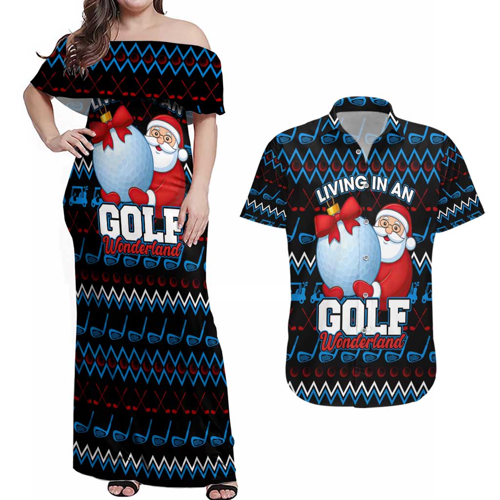Santa Clause Golf Wonderland Christmas Couples Matching Off Shoulder Maxi Dress and Hawaiian Shirt Xmas Holiday Patterns - Wonder Print Shop