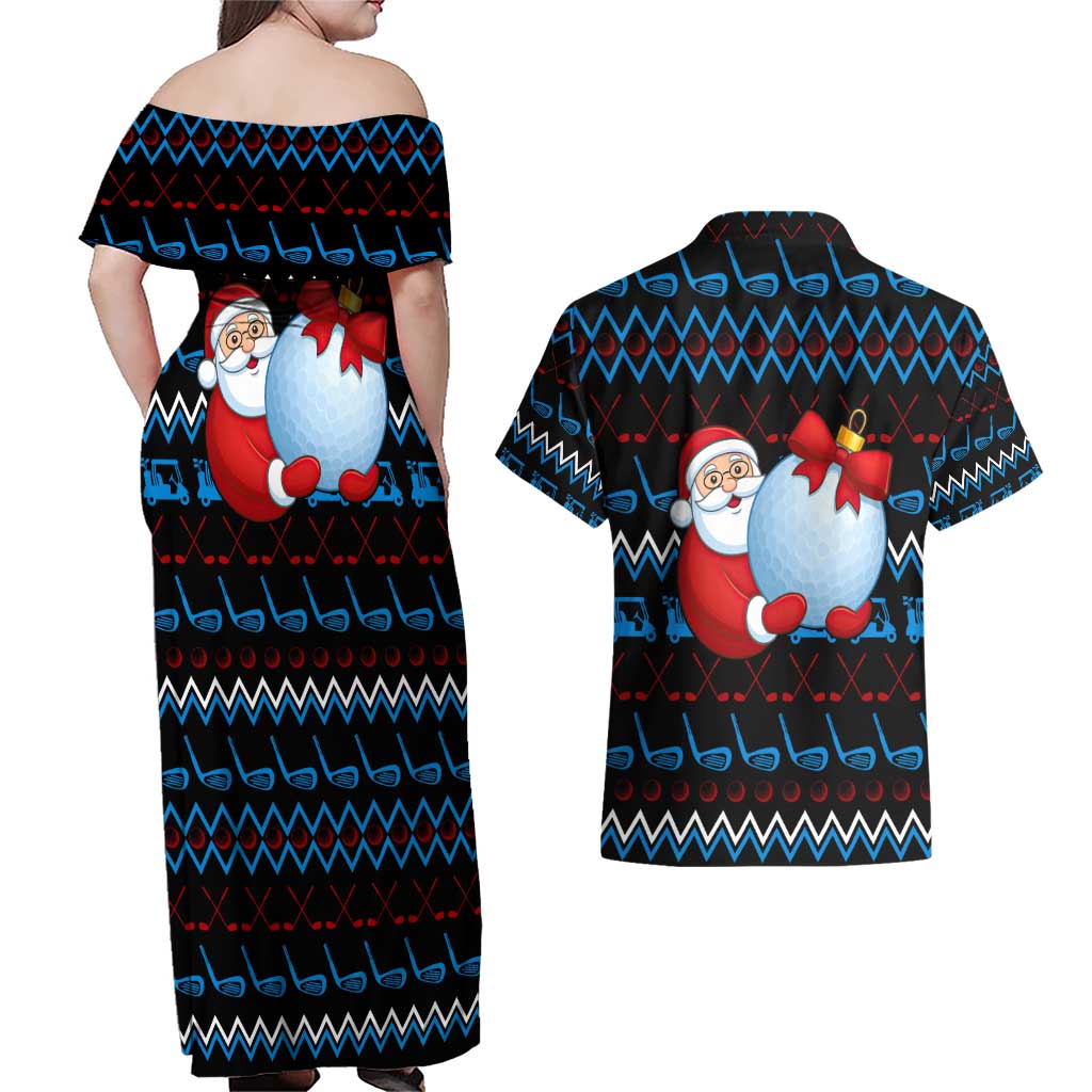 Santa Clause Golf Wonderland Christmas Couples Matching Off Shoulder Maxi Dress and Hawaiian Shirt Xmas Holiday Patterns - Wonder Print Shop