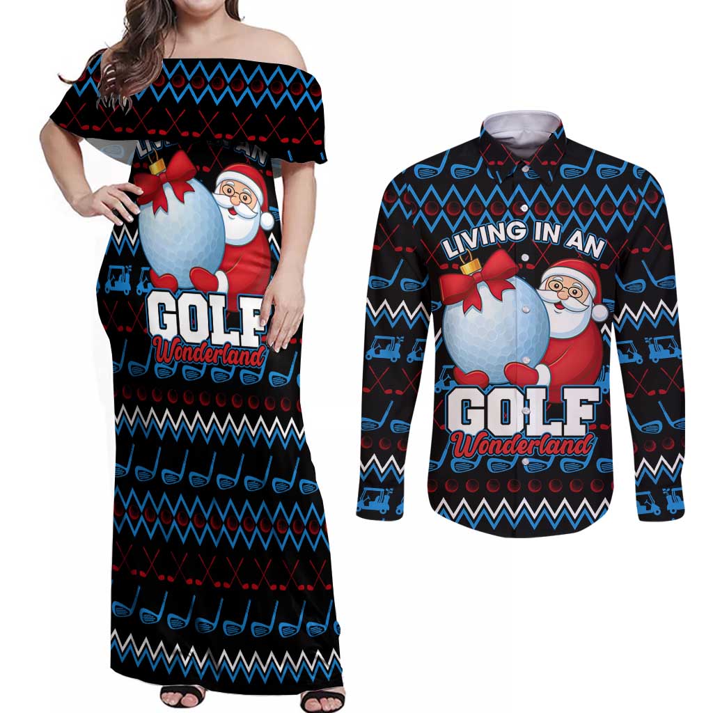 Santa Clause Golf Wonderland Christmas Couples Matching Off Shoulder Maxi Dress and Long Sleeve Button Shirt Xmas Holiday Patterns - Wonder Print Shop