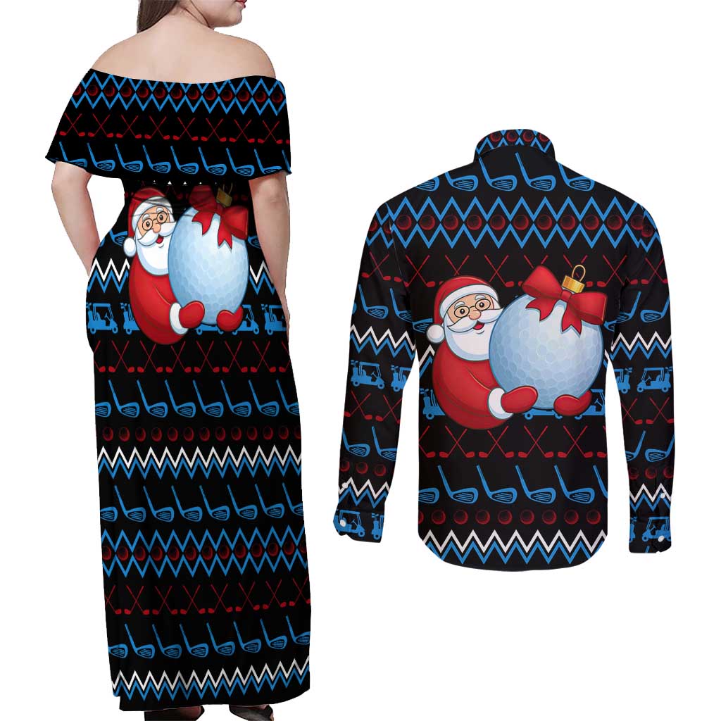 Santa Clause Golf Wonderland Christmas Couples Matching Off Shoulder Maxi Dress and Long Sleeve Button Shirt Xmas Holiday Patterns - Wonder Print Shop