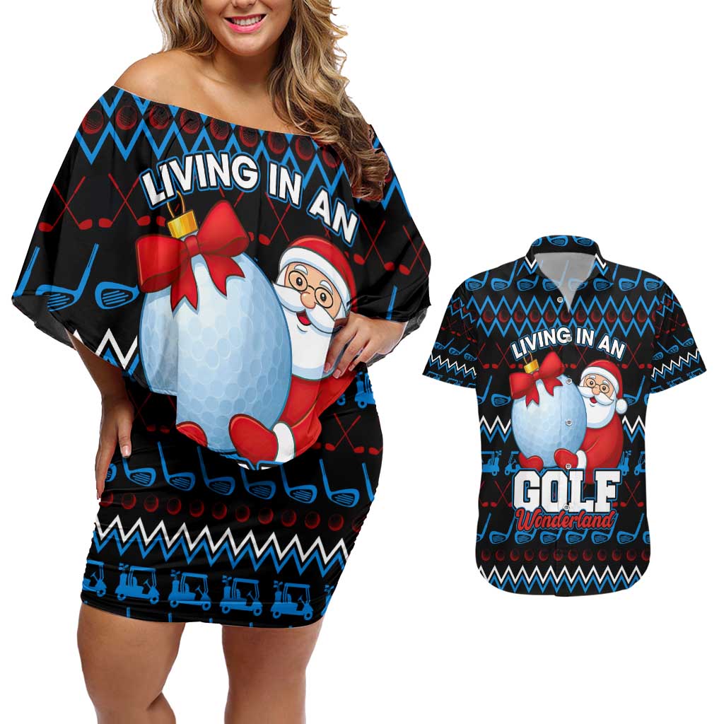 Santa Clause Golf Wonderland Christmas Couples Matching Off Shoulder Short Dress and Hawaiian Shirt Xmas Holiday Patterns - Wonder Print Shop