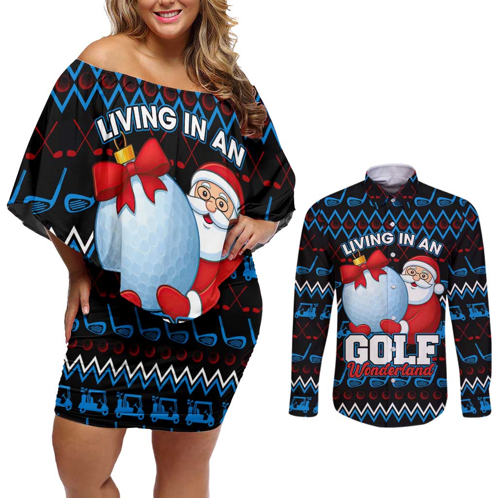 Santa Clause Golf Wonderland Christmas Couples Matching Off Shoulder Short Dress and Long Sleeve Button Shirt Xmas Holiday Patterns - Wonder Print Shop