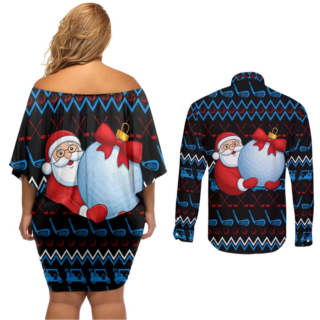 Santa Clause Golf Wonderland Christmas Couples Matching Off Shoulder Short Dress and Long Sleeve Button Shirt Xmas Holiday Patterns - Wonder Print Shop