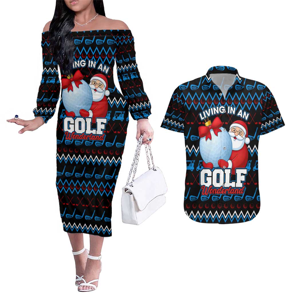Santa Clause Golf Wonderland Christmas Couples Matching Off The Shoulder Long Sleeve Dress and Hawaiian Shirt Xmas Holiday Patterns - Wonder Print Shop