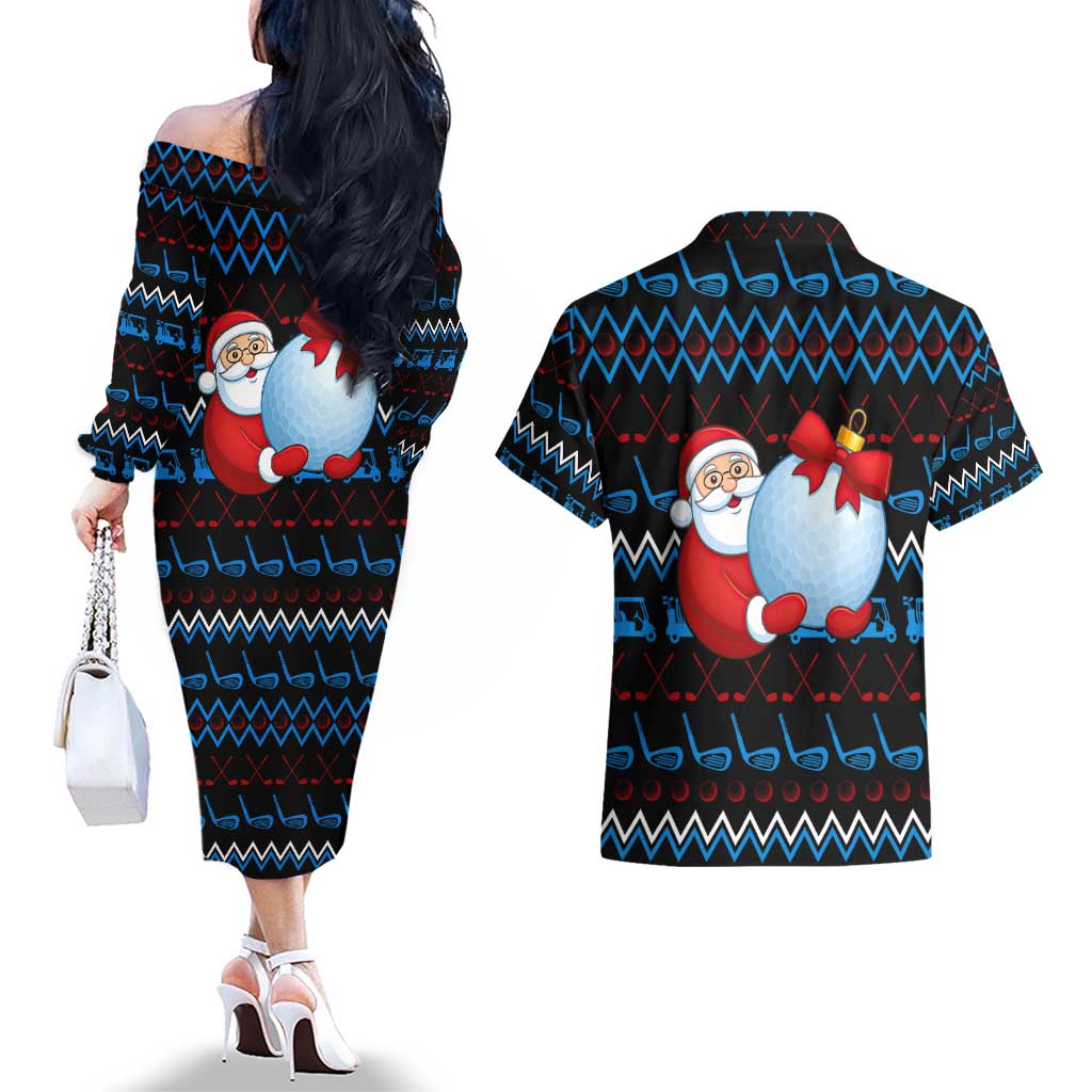 Santa Clause Golf Wonderland Christmas Couples Matching Off The Shoulder Long Sleeve Dress and Hawaiian Shirt Xmas Holiday Patterns - Wonder Print Shop