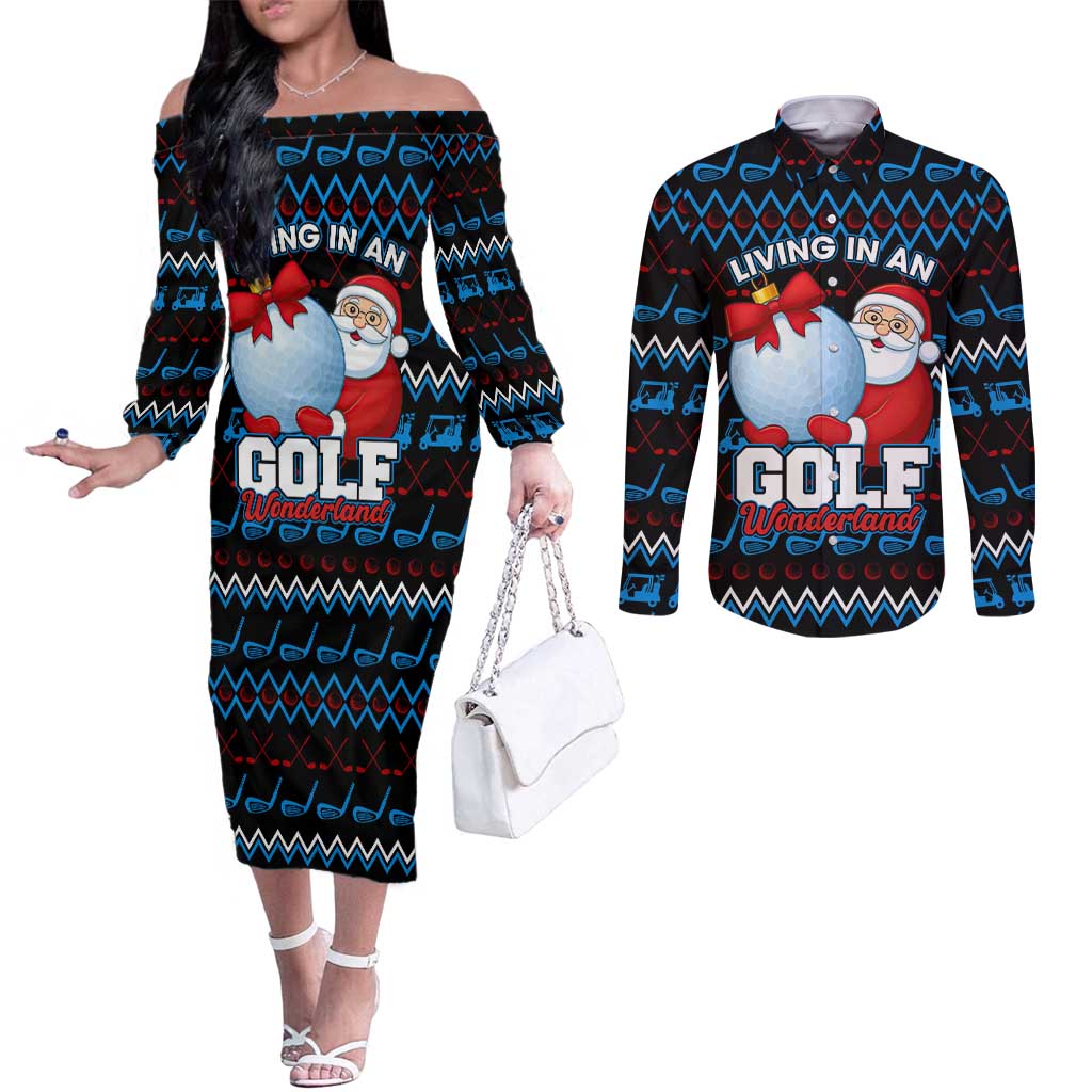 Santa Clause Golf Wonderland Christmas Couples Matching Off The Shoulder Long Sleeve Dress and Long Sleeve Button Shirt Xmas Holiday Patterns - Wonder Print Shop