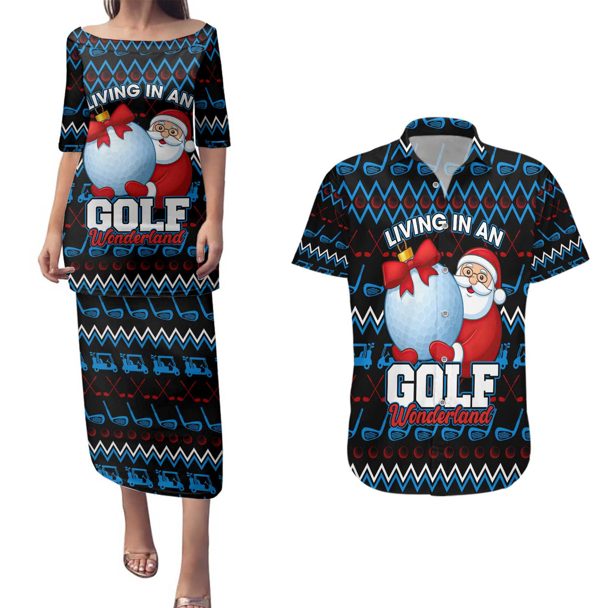 Santa Clause Golf Wonderland Christmas Couples Matching Puletasi and Hawaiian Shirt Xmas Holiday Patterns - Wonder Print Shop