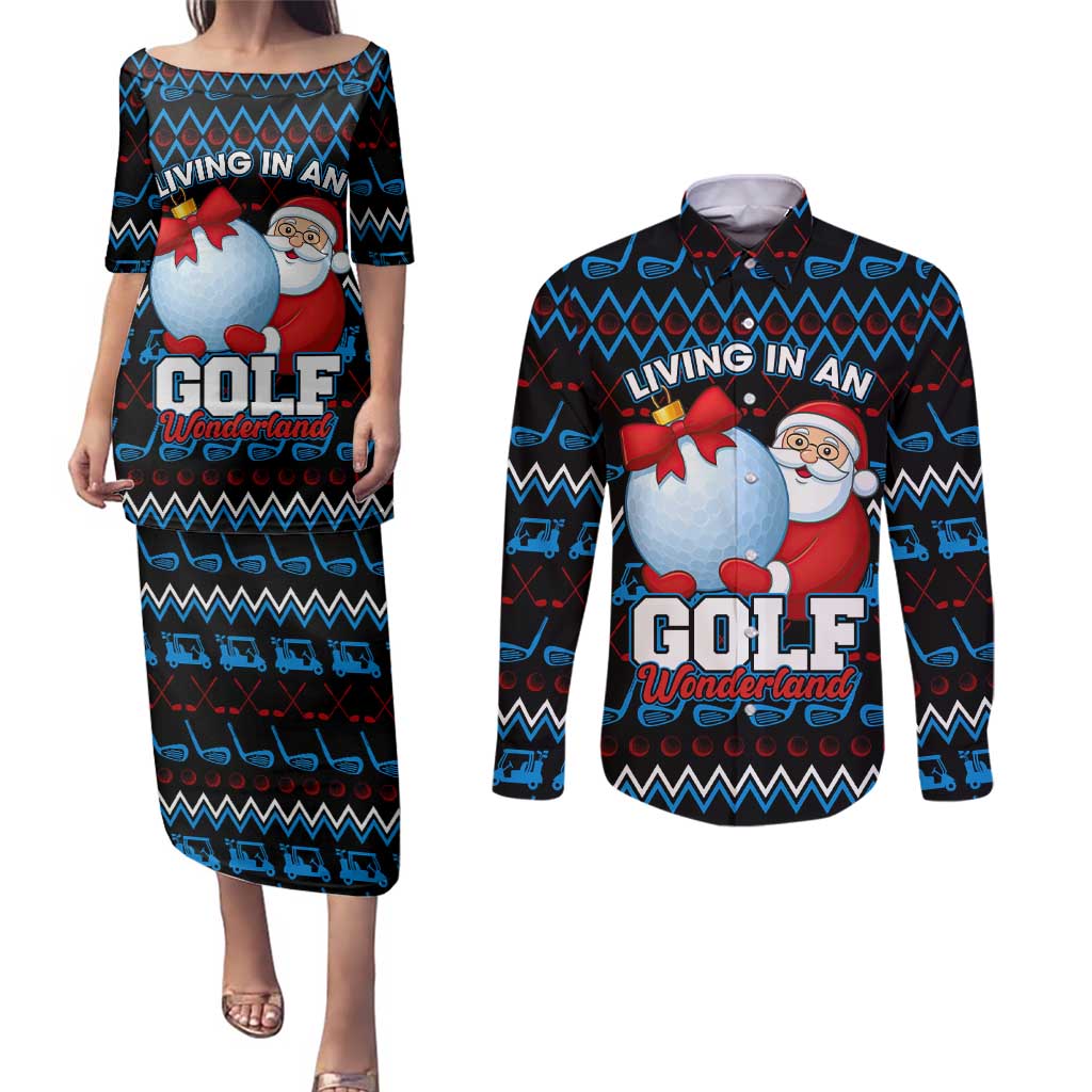 Santa Clause Golf Wonderland Christmas Couples Matching Puletasi and Long Sleeve Button Shirt Xmas Holiday Patterns - Wonder Print Shop