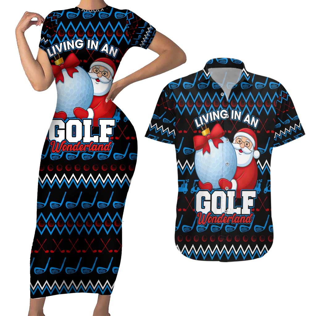 Santa Clause Golf Wonderland Christmas Couples Matching Short Sleeve Bodycon Dress and Hawaiian Shirt Xmas Holiday Patterns - Wonder Print Shop