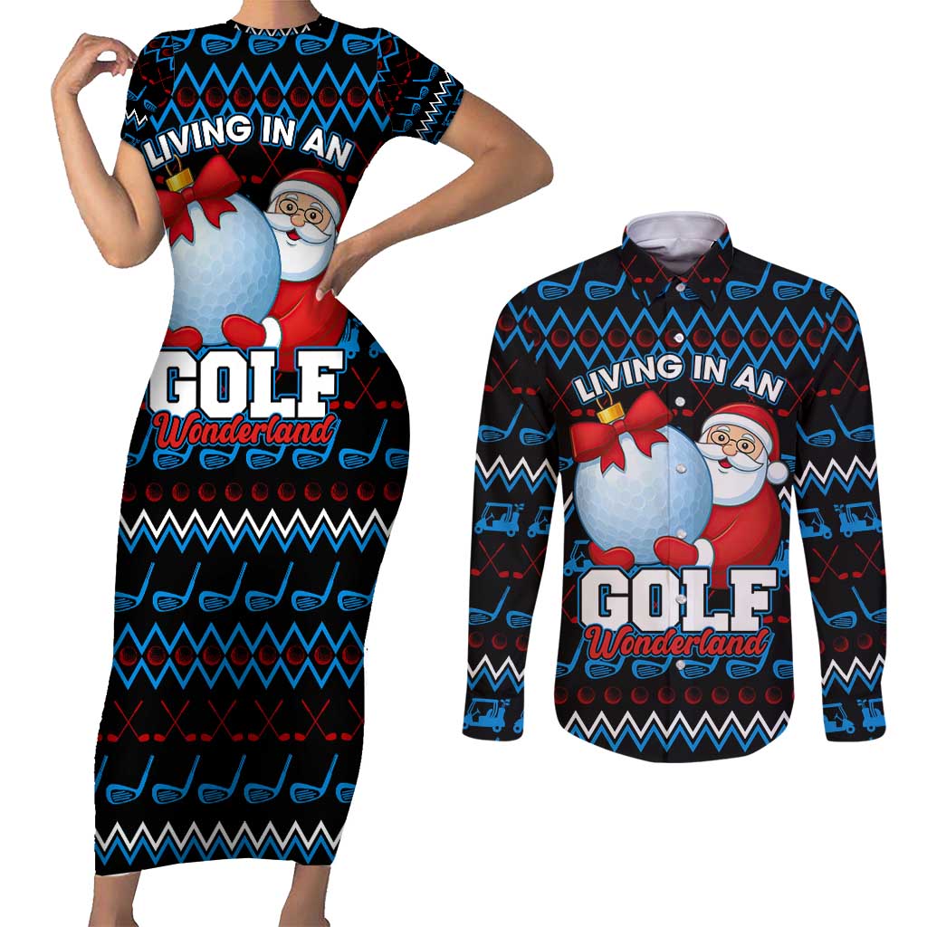 Santa Clause Golf Wonderland Christmas Couples Matching Short Sleeve Bodycon Dress and Long Sleeve Button Shirt Xmas Holiday Patterns - Wonder Print Shop