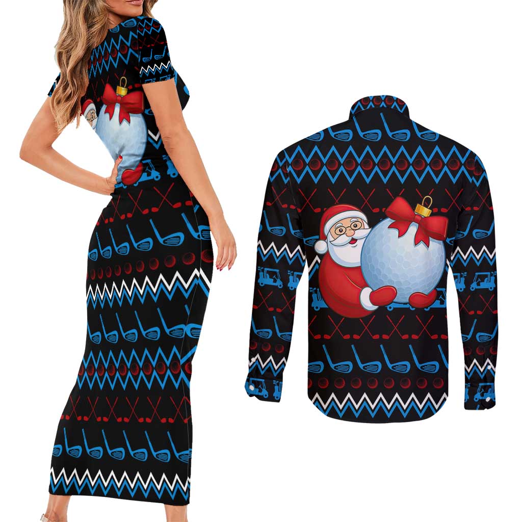 Santa Clause Golf Wonderland Christmas Couples Matching Short Sleeve Bodycon Dress and Long Sleeve Button Shirt Xmas Holiday Patterns - Wonder Print Shop