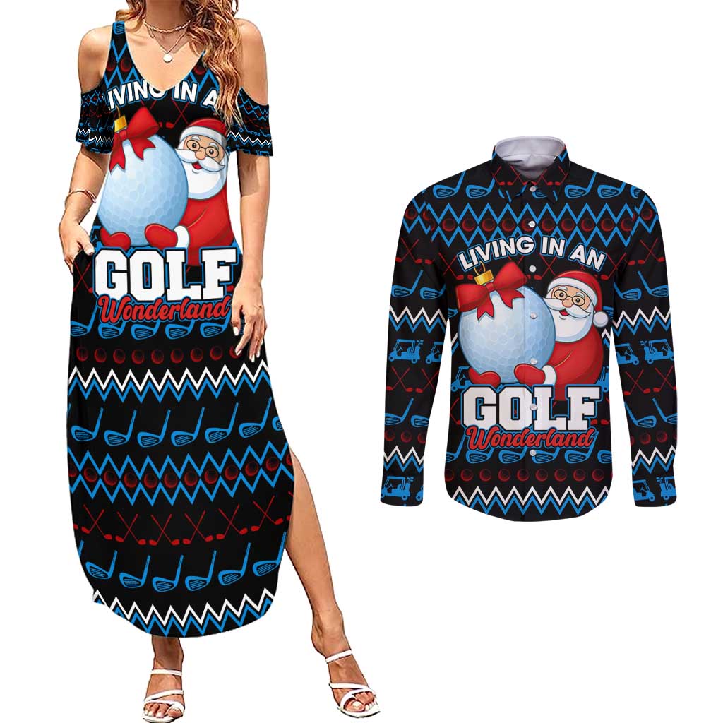 Santa Clause Golf Wonderland Christmas Couples Matching Summer Maxi Dress and Long Sleeve Button Shirt Xmas Holiday Patterns - Wonder Print Shop