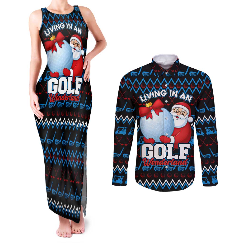 Santa Clause Golf Wonderland Christmas Couples Matching Tank Maxi Dress and Long Sleeve Button Shirt Xmas Holiday Patterns - Wonder Print Shop
