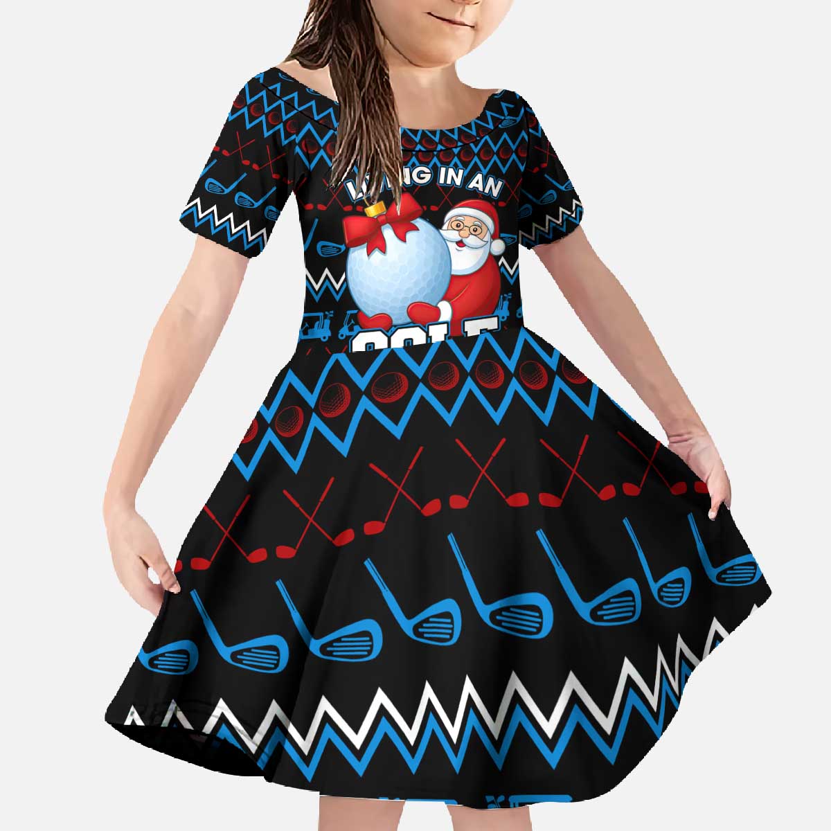 Santa Clause Golf Wonderland Christmas Family Matching Off The Shoulder Long Sleeve Dress and Hawaiian Shirt Xmas Holiday Patterns - Wonder Print Shop
