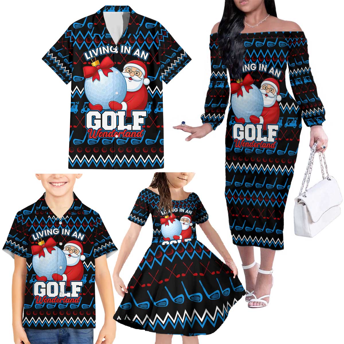 Santa Clause Golf Wonderland Christmas Family Matching Off The Shoulder Long Sleeve Dress and Hawaiian Shirt Xmas Holiday Patterns - Wonder Print Shop