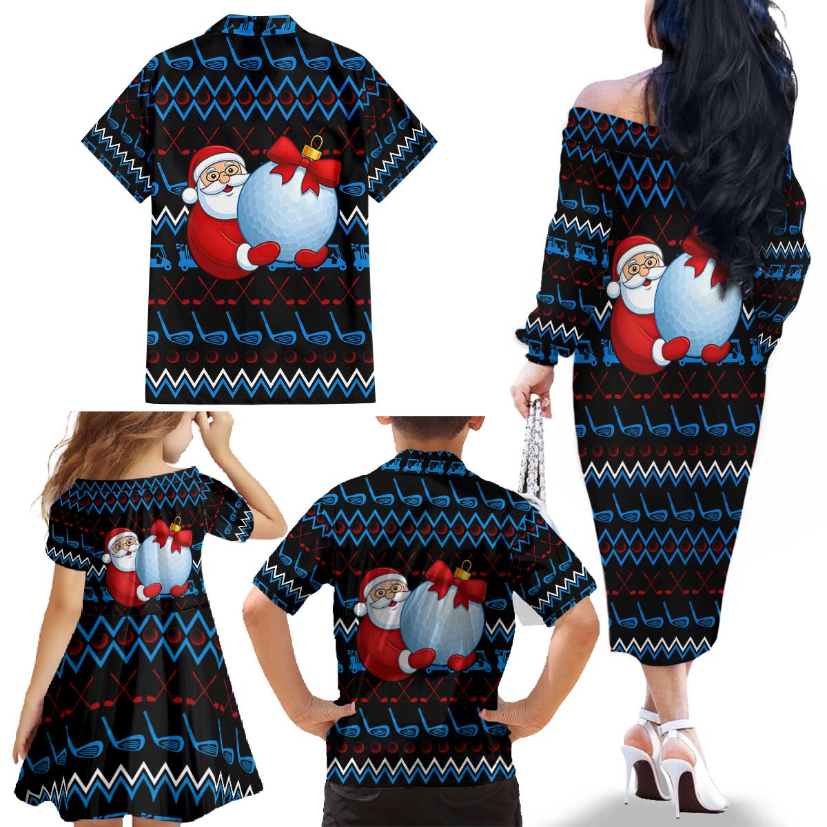 Santa Clause Golf Wonderland Christmas Family Matching Off The Shoulder Long Sleeve Dress and Hawaiian Shirt Xmas Holiday Patterns - Wonder Print Shop