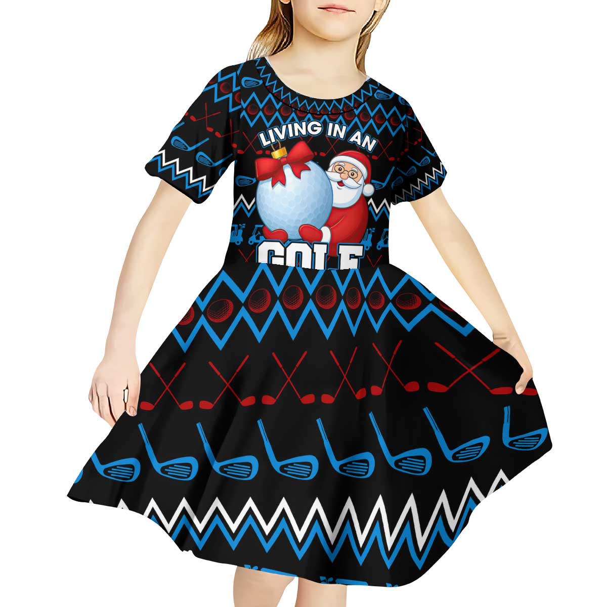 Santa Clause Golf Wonderland Christmas Kid Short Sleeve Dress Xmas Holiday Patterns - Wonder Print Shop