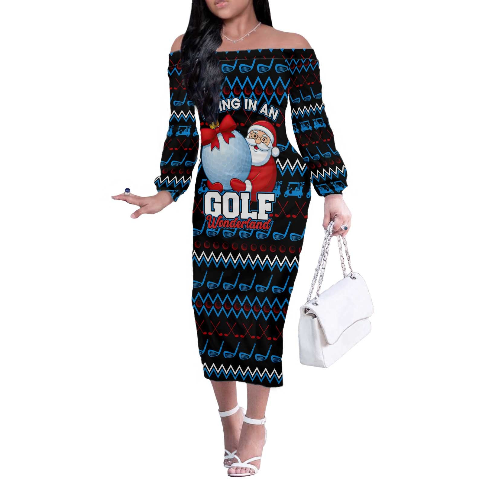 Santa Clause Golf Wonderland Christmas Off The Shoulder Long Sleeve Dress Xmas Holiday Patterns - Wonder Print Shop
