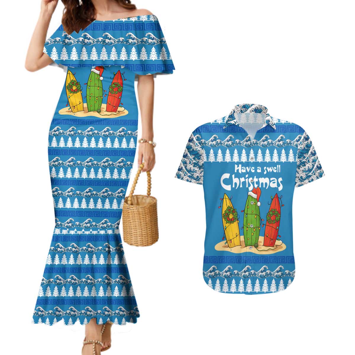 Santa Fist Christmas Couples Matching Mermaid Dress and Hawaiian Shirt Xmas Holiday Patterns - Wonder Print Shop