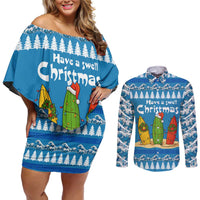 Santa Fist Christmas Couples Matching Off Shoulder Short Dress and Long Sleeve Button Shirt Xmas Holiday Patterns - Wonder Print Shop