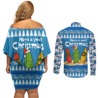 Santa Fist Christmas Couples Matching Off Shoulder Short Dress and Long Sleeve Button Shirt Xmas Holiday Patterns - Wonder Print Shop